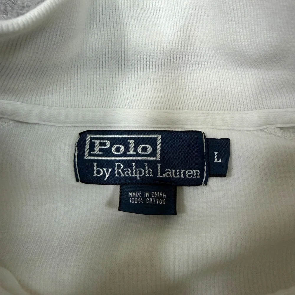 Polo Ralph Lauren Zip Up Mock Neck Sweater Large White Navy Blue Cotton Vintage